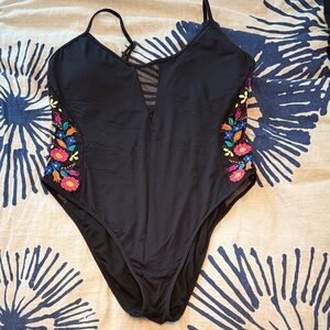 Kenneth Cole Black One-Piece Swimsuit with Floral Accents
